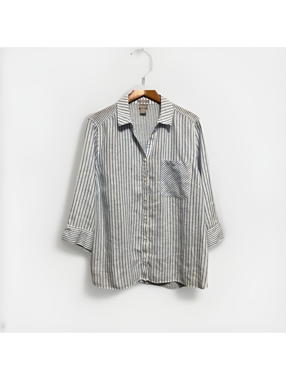 Chico's Women’s 18 No Iron Striped 100% Linen Button Up Shirt Casual Coastal
